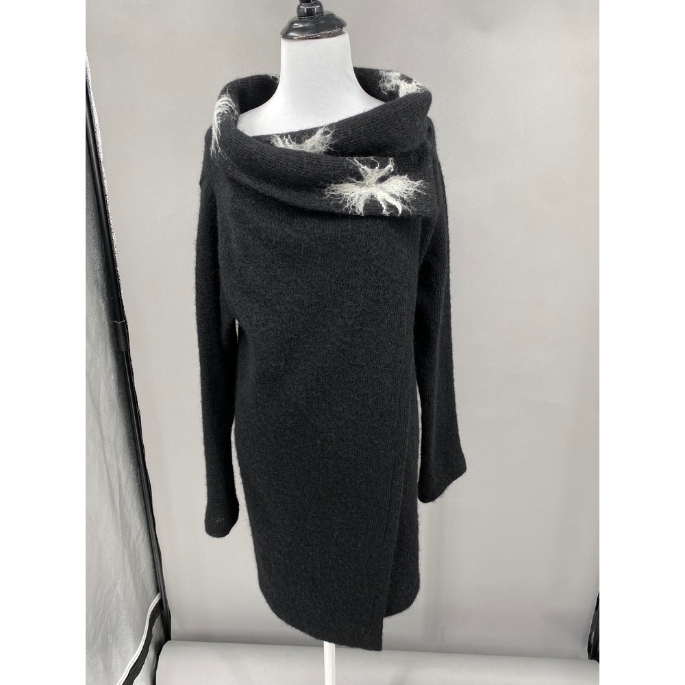 Gjoska Icelandic Wool Cardigan Sweater Women L Black Needle Felted Open Front